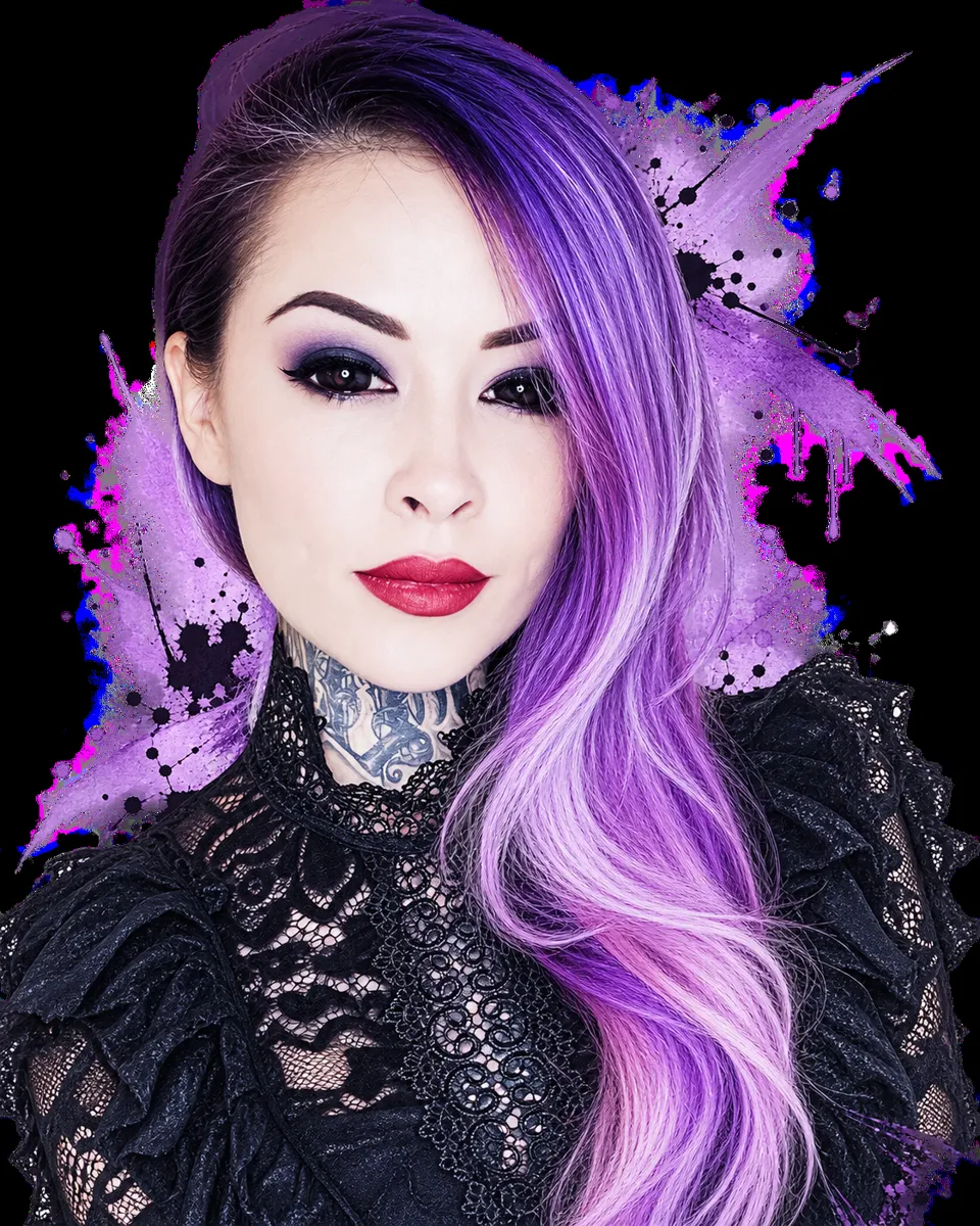 Cybil Souza with violet hair and ink splashes